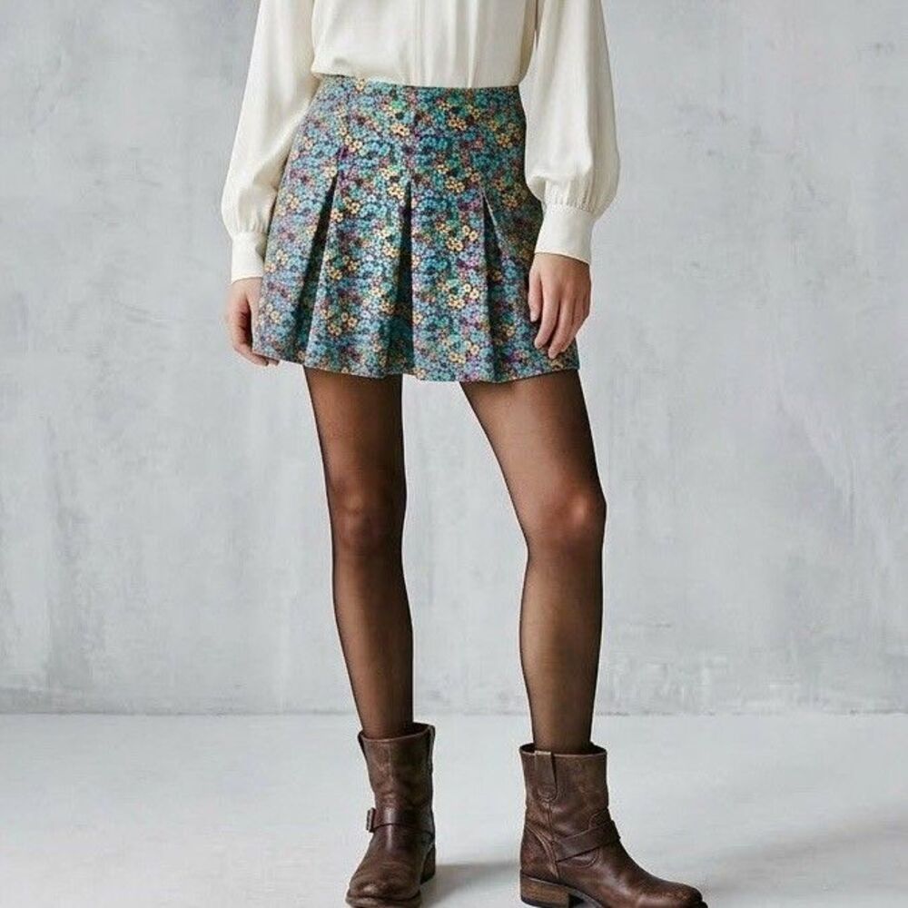 Ditsy Floral Pleated Mini Skirt Blue Floral Whimsigoth Boho Retro Mod Est Sz 4